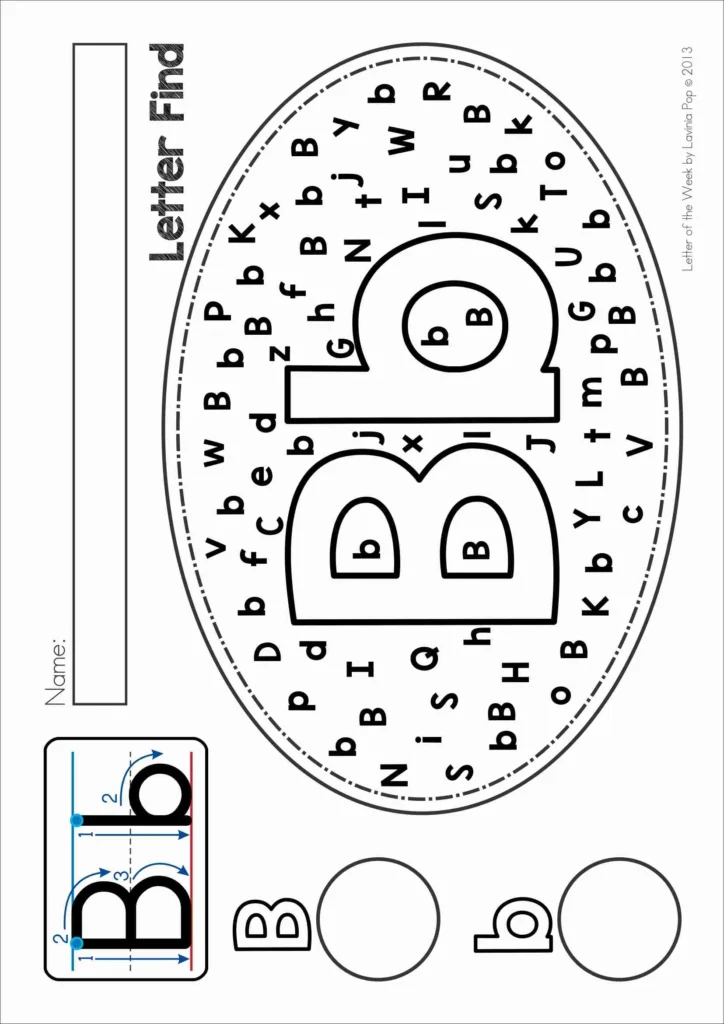 Letter B letter find worksheet with uppercase and lowercase letter identification activity for Preschool and Kindergarten
