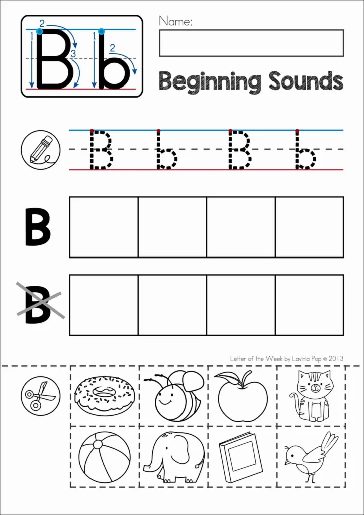 Letter B beginning sounds sorting worksheet with cut and paste pictures for uppercase and lowercase Bb sound recognition