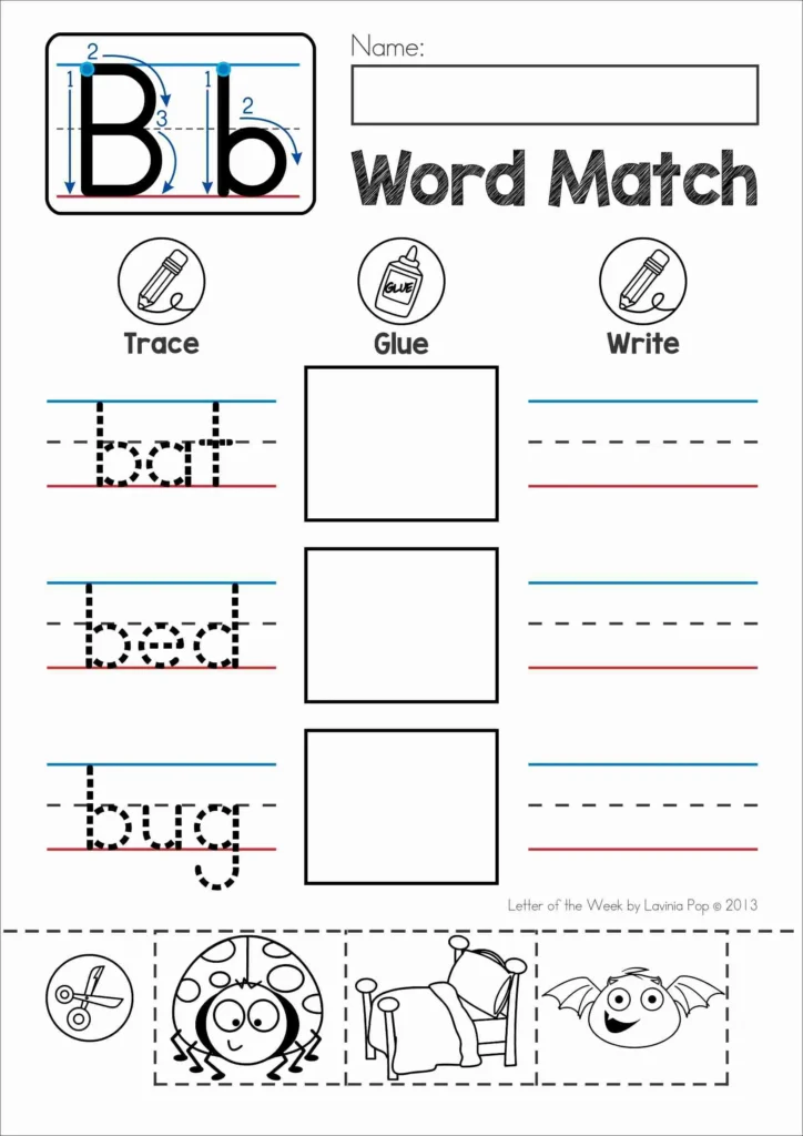 Letter B word match worksheet with tracing, gluing, and writing CVC words for Preschool and Kindergarten