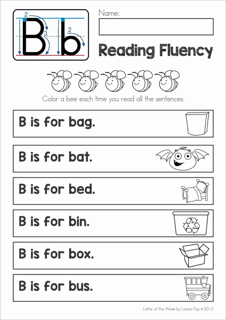 Letter B reading fluency worksheet with simple repetitive sentences and beginning sound picture support