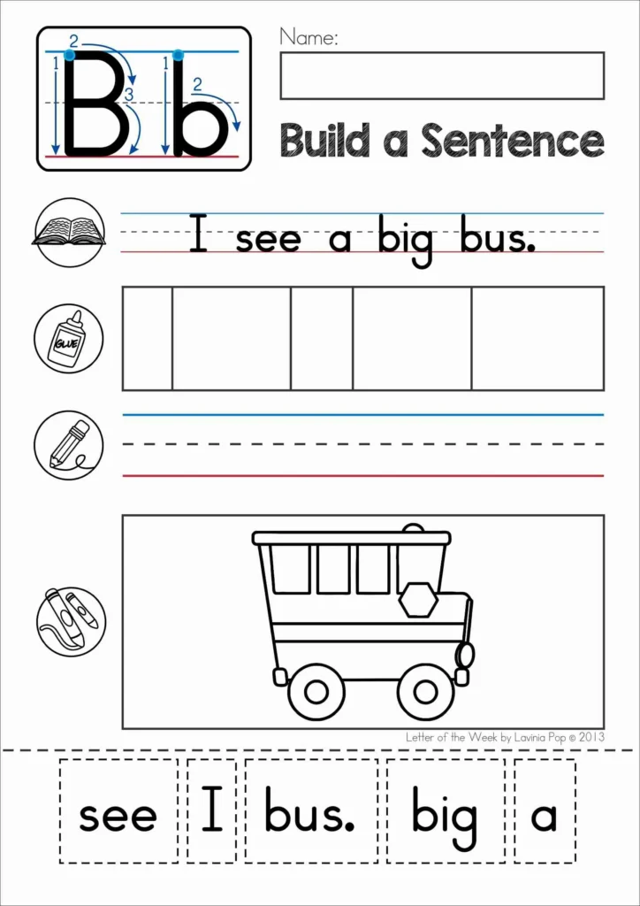 Letter B build a sentence worksheet with cut and paste sentence scramble and beginning sound picture