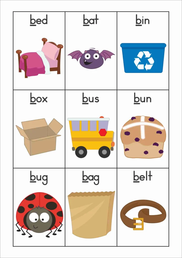 Letter B CVC word picture cards with words including bed, bat, bug, bun, and bus for Kindergarten literacy activities