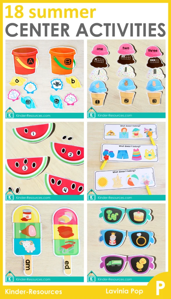 Summer Preschool Centers printable literacy and math activities for preschool including counting, rhyming, word families, alphabet matching, and visual discrimination games