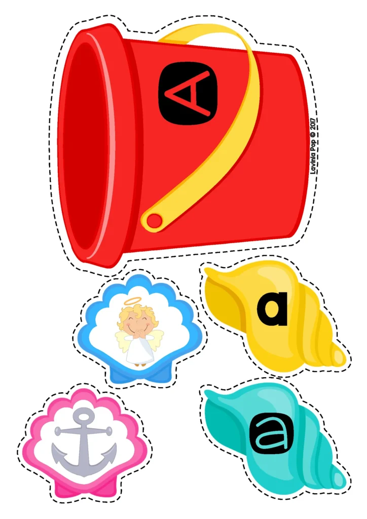 Summer Preschool Centers beginning sounds matching activity with uppercase and lowercase letter A bucket and picture shells