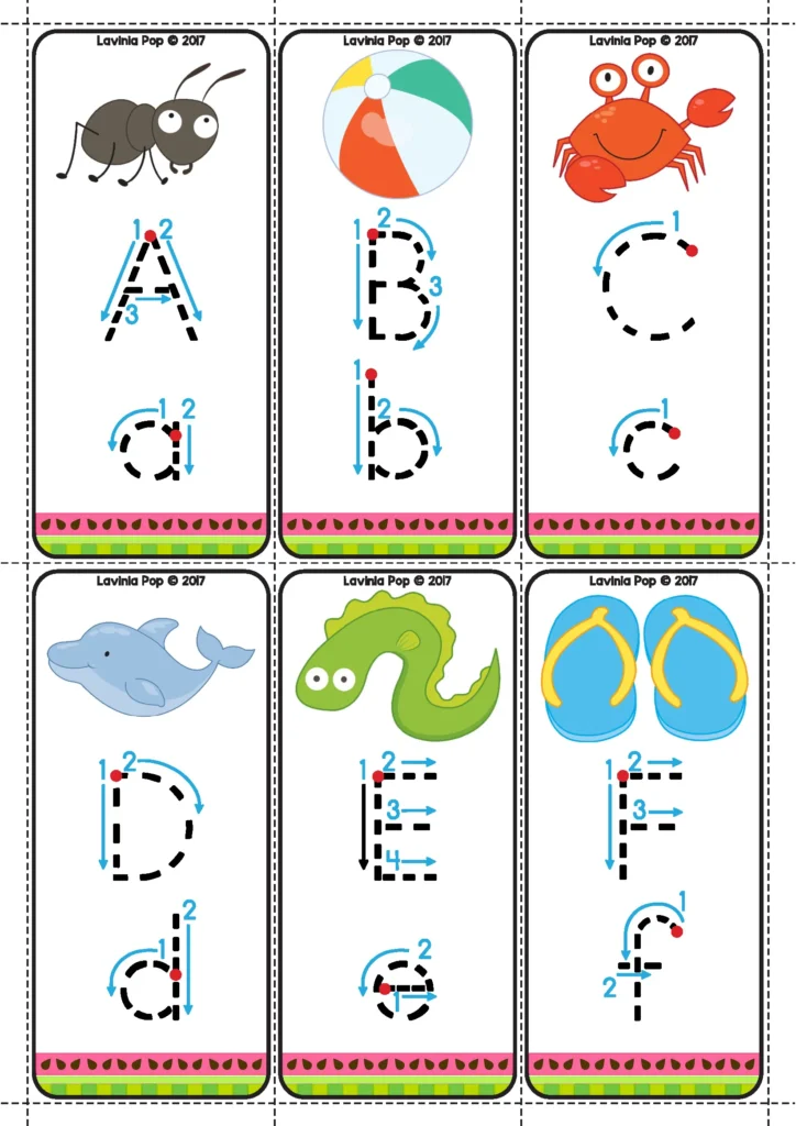 Summer Preschool Centers alphabet tracing cards with directional arrows for uppercase and lowercase letter formation practice