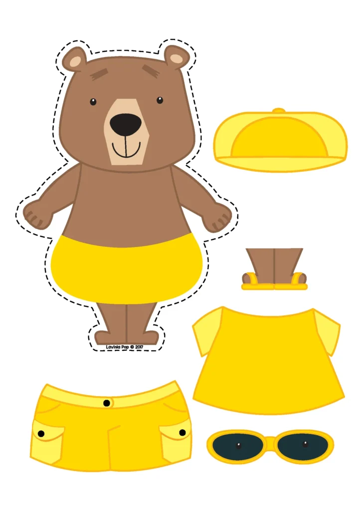 Summer Preschool Centers yellow color sorting activity with bear dress up pieces and summer clothing accessories