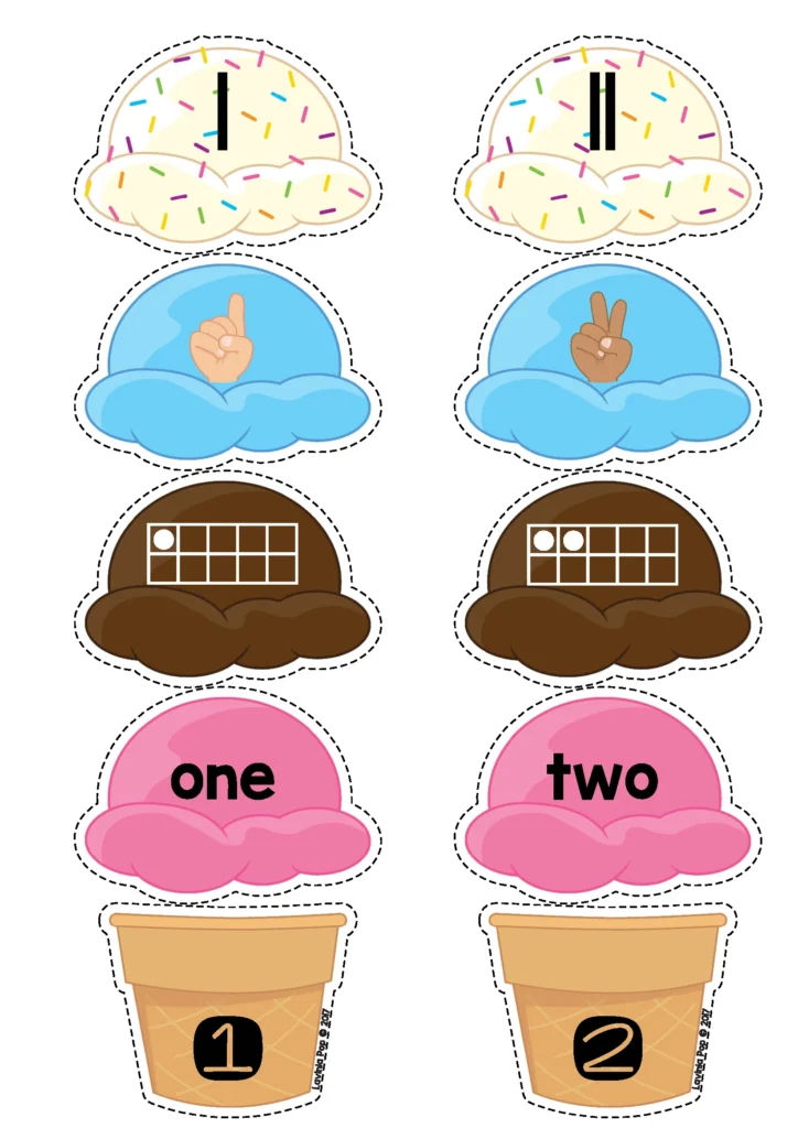 Summer Preschool Centers number sense activity with numeral recognition, ten frames, counting fingers, and number words for 1 and 2