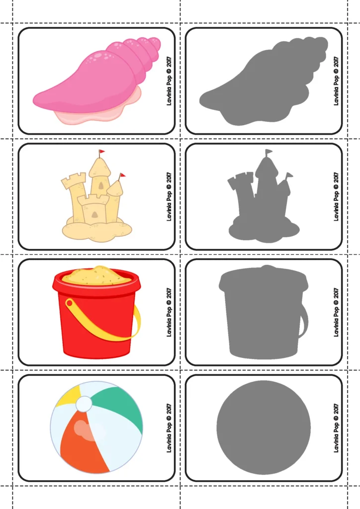 Summer Preschool Centers shadow matching activity with beach themed picture cards for visual discrimination practice