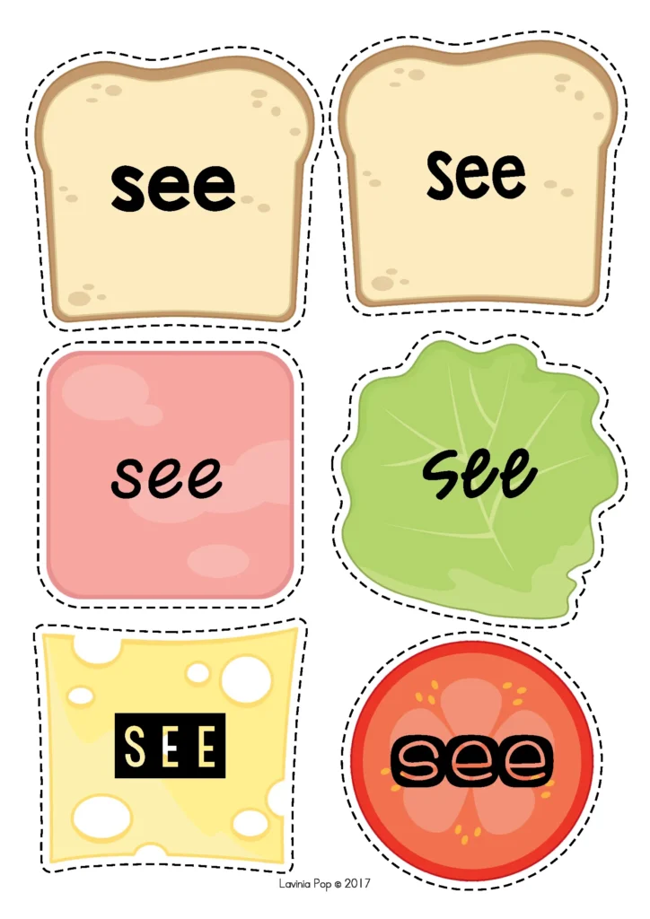 Summer Preschool Centers sight word recognition cards for the word “see” with multiple font styles for preschool literacy centers