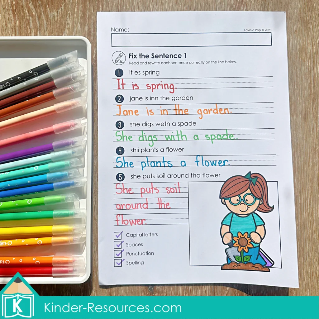 Fix the Sentence Spring Worksheets garden themed sentence editing activity for Kindergarten and First Grade students