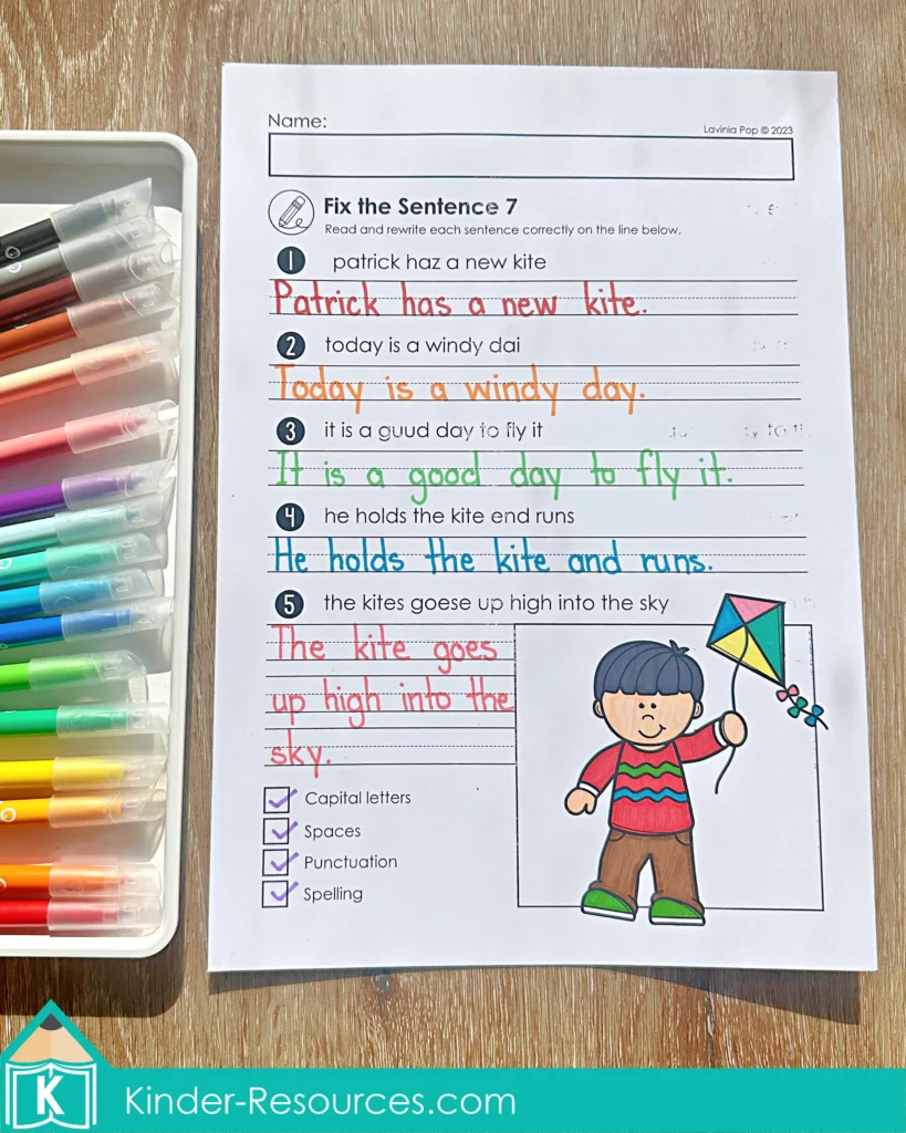 Fix the Sentence Spring Worksheets kite themed grammar and sentence editing page for Kindergarten and First Grade learners