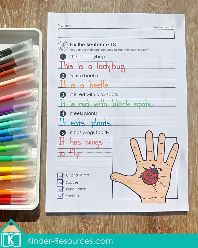 Fix the Sentence Spring Worksheets ladybug sentence editing page with capitalization, punctuation, spacing, and spelling corrections for Kindergarten and First Grade