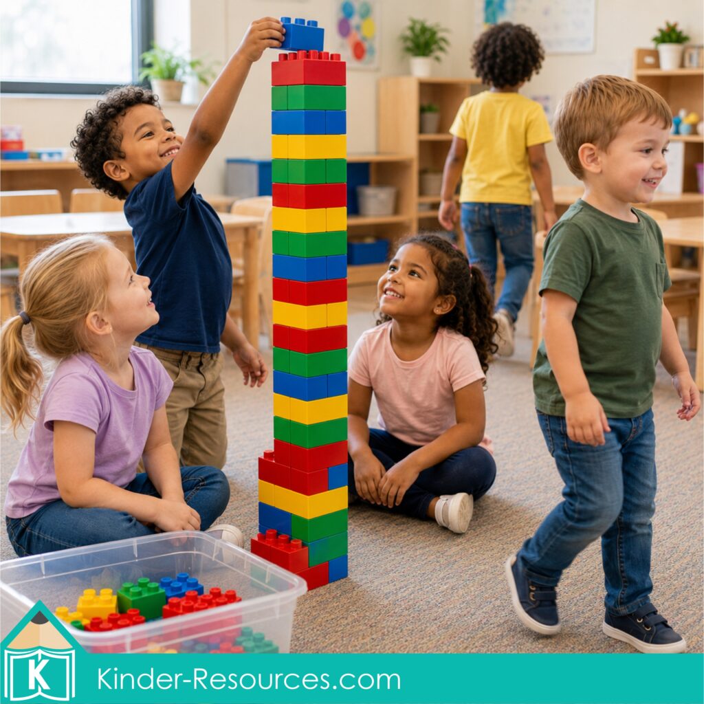 Preschool children building a tall colorful block tower together during a Tower of Babel Bible lesson activity