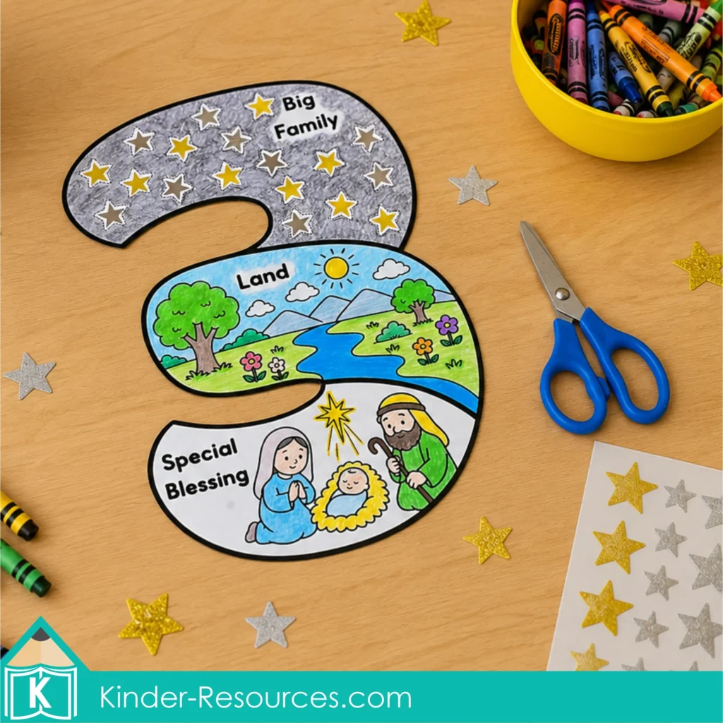 Preschool Bible craft in the shape of a number three showing the promises of a big family, land, and a special blessing through Jesus.