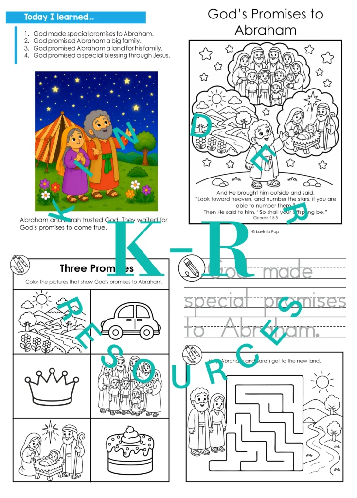 Preschool Bible activity pages for God's Promises to Abraham including review pages, tracing practice, coloring activities, a sorting worksheet, and a simple maze for Abraham and Sarah.