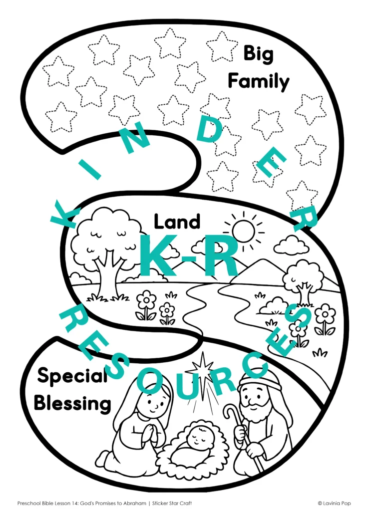 Preschool Bible sticker star craft showing a large number 3 with sections representing Abraham's three promises: a big family, a new land, and the promise of the Savior.