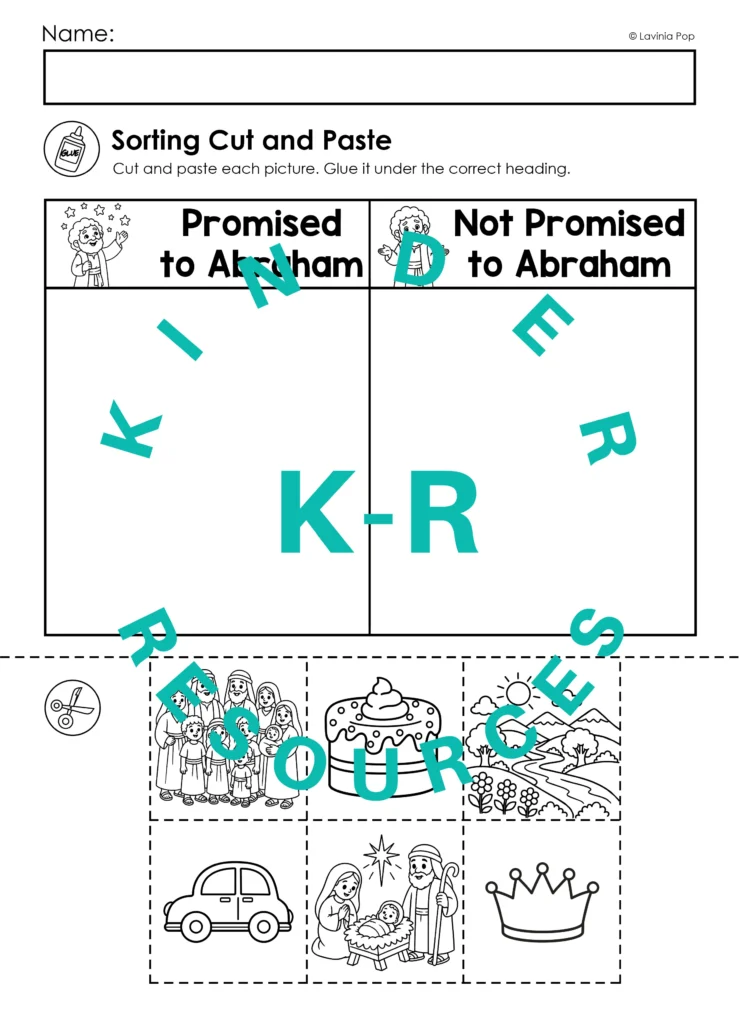 Preschool Bible cut-and-paste sorting worksheet where children sort pictures under Promised to Abraham and Not Promised to Abraham categories.