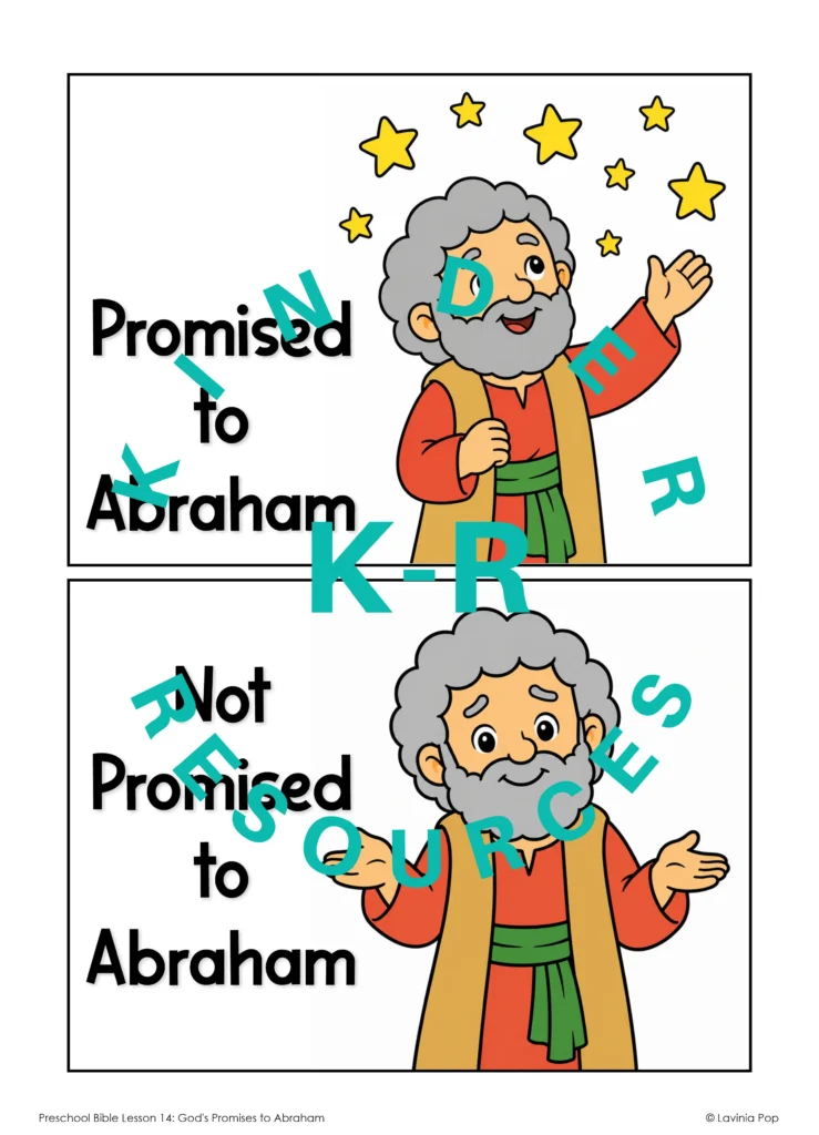 Preschool Bible sorting headers featuring Abraham for a classroom activity with cards labeled Promised to Abraham and Not Promised to Abraham.