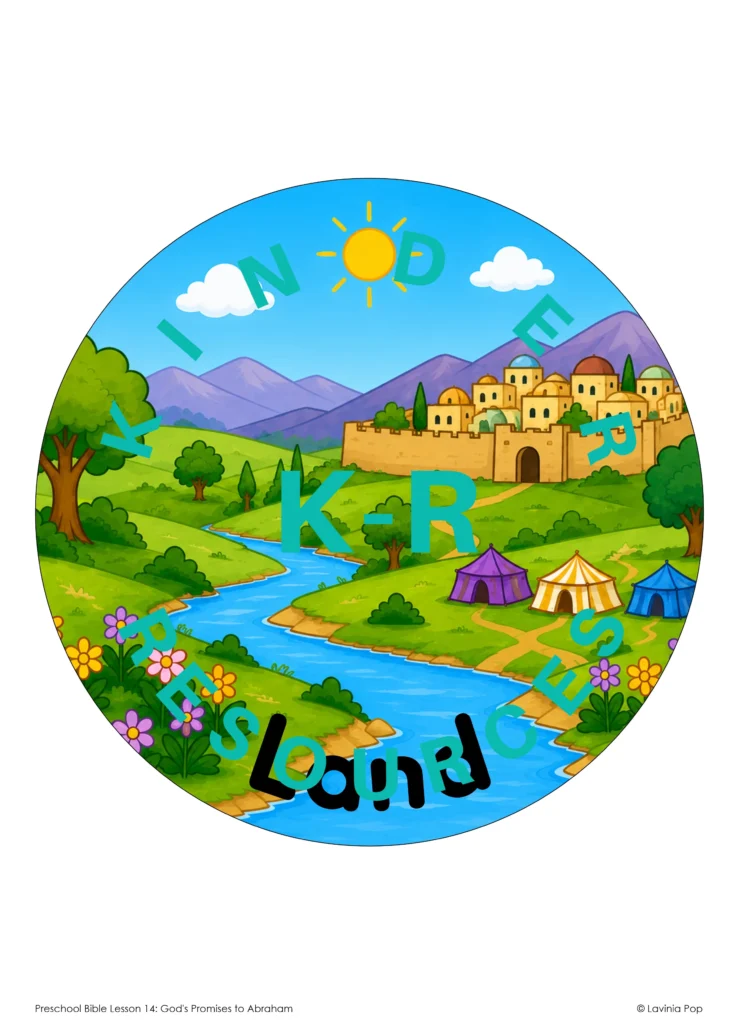 Circular preschool Bible printable showing the promised land with a river, trees, flowers, mountains, tents, and a city representing God's promise of a new land to Abraham.