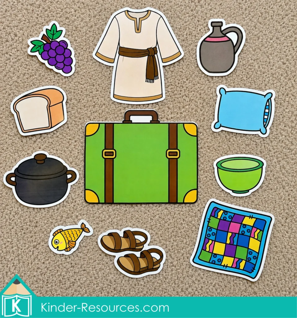 Preschool Bible retelling activity with suitcase and picture cards showing clothes, food, sandals, blanket, pillow, and supplies for Abraham's journey.