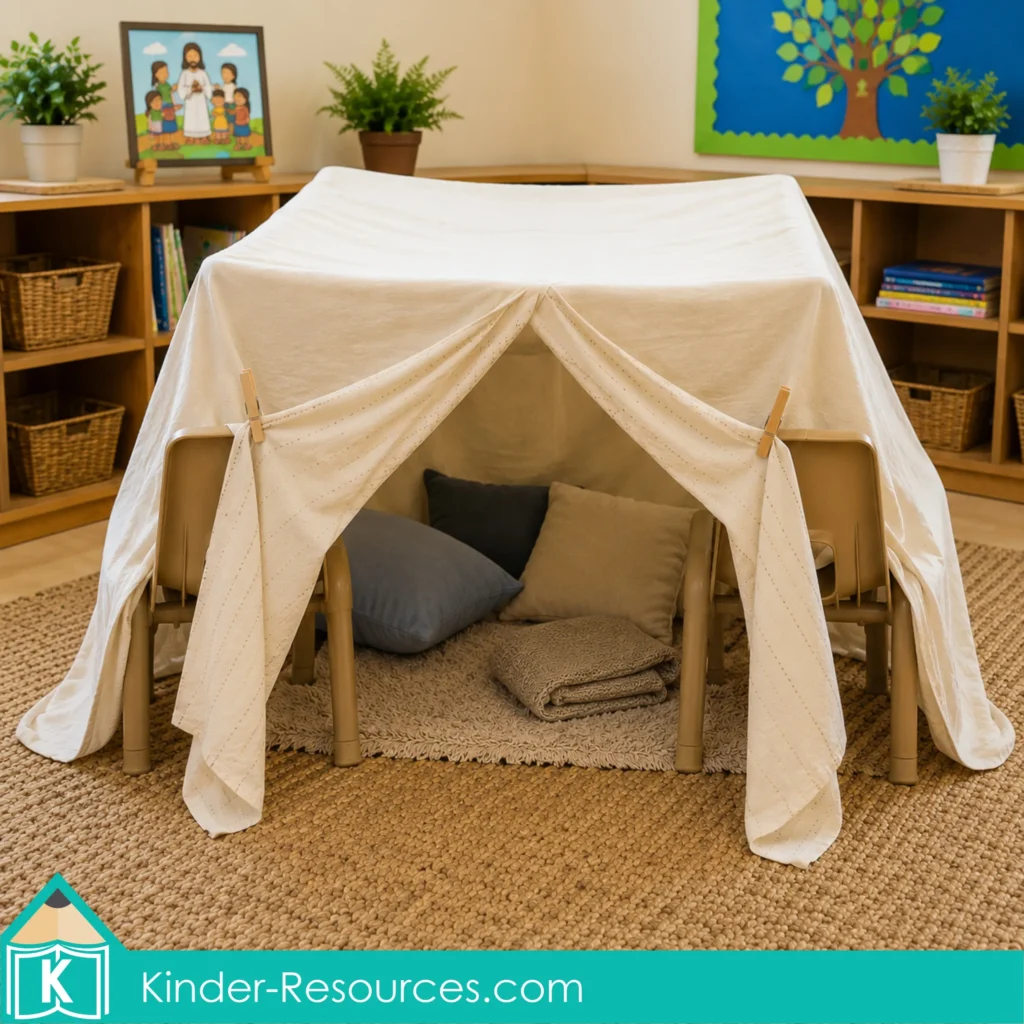Preschool Bible lesson tent made from chairs and a sheet for children to pretend Abraham and Sarah lived in tents during their journey.