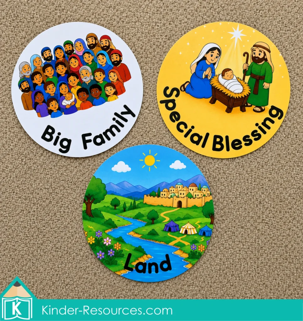 Preschool Bible promise cards showing a big family, the promised land, and the special blessing through Jesus.