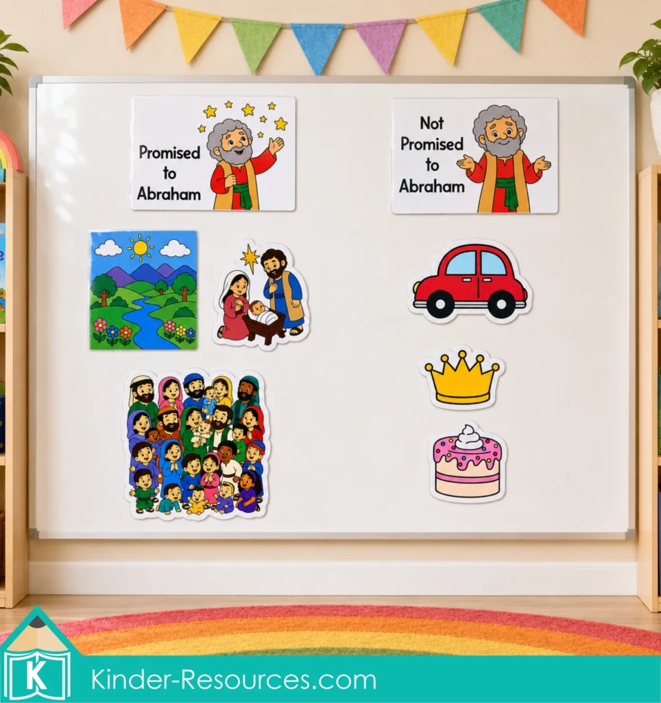 Sorting Activity Preschool Bible sorting activity with picture cards placed under Promised to Abraham and Not Promised to Abraham headings.