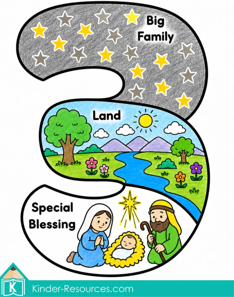 Preschool Bible craft showing God's three promises to Abraham with stars, the promised land, and the special blessing through Jesus.