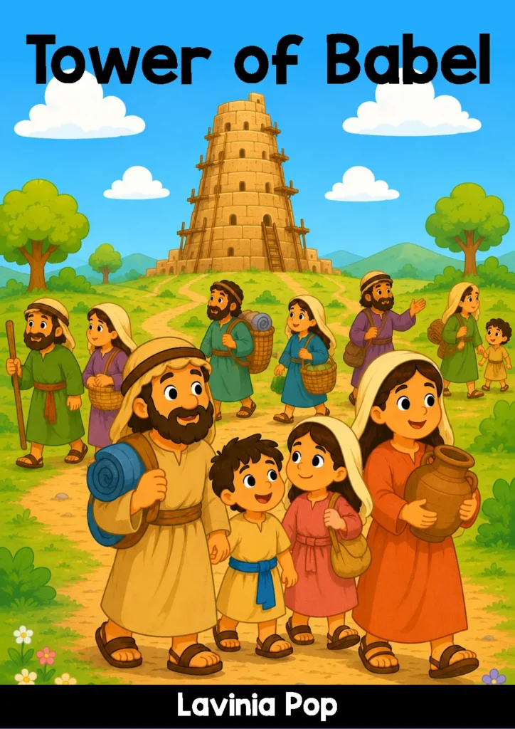 Tower of Babel preschool Bible story book cover with families leaving the city of Babel and the unfinished tower in the background