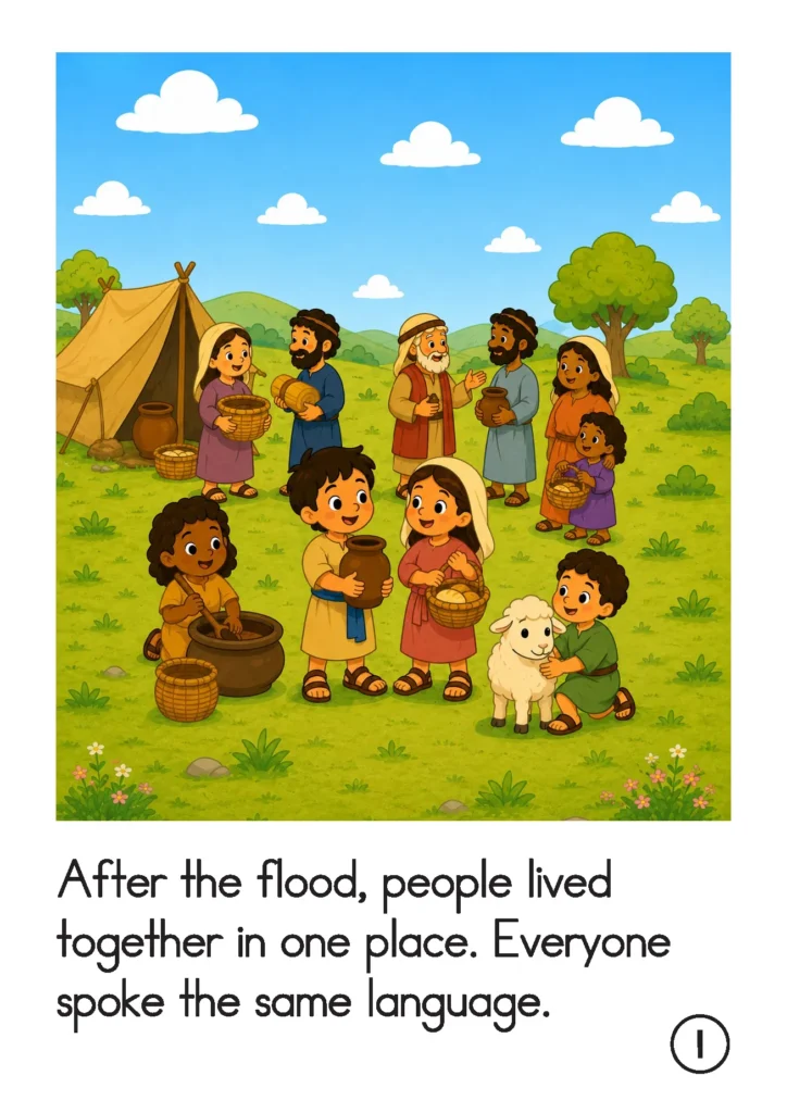 Tower of Babel preschool story page with families living together after the flood and speaking one language