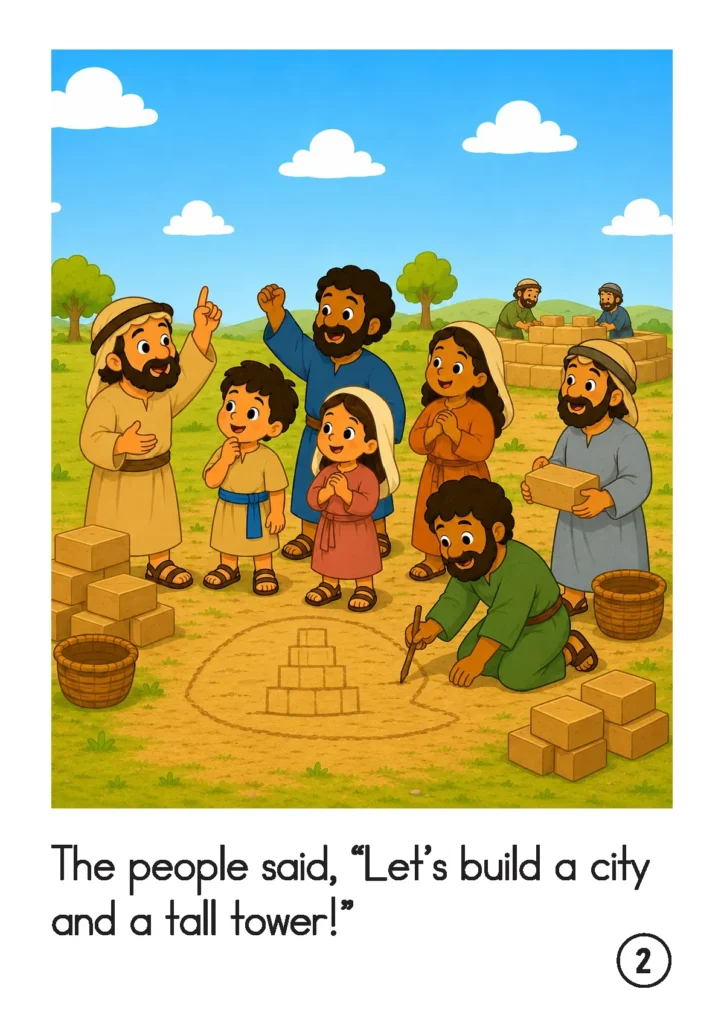 Tower of Babel preschool story page with people planning to build a city and a tall tower