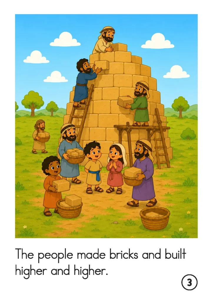 Tower of Babel preschool story page with people making bricks and building the tower higher and higher