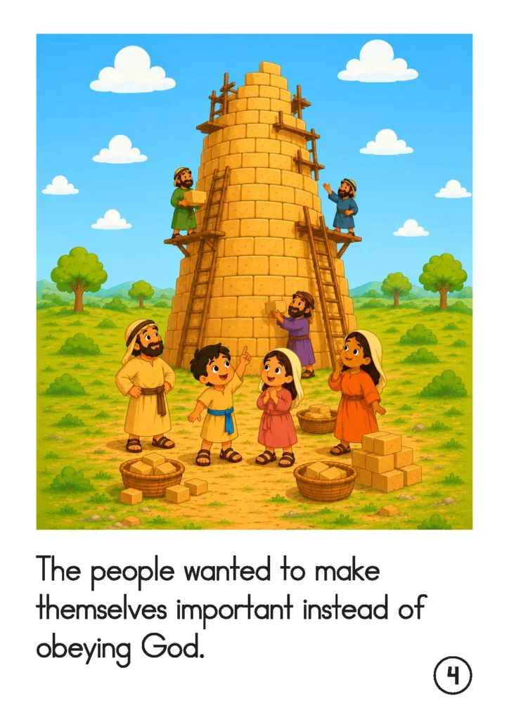 Tower of Babel preschool story page with people wanting to make themselves important instead of obeying God