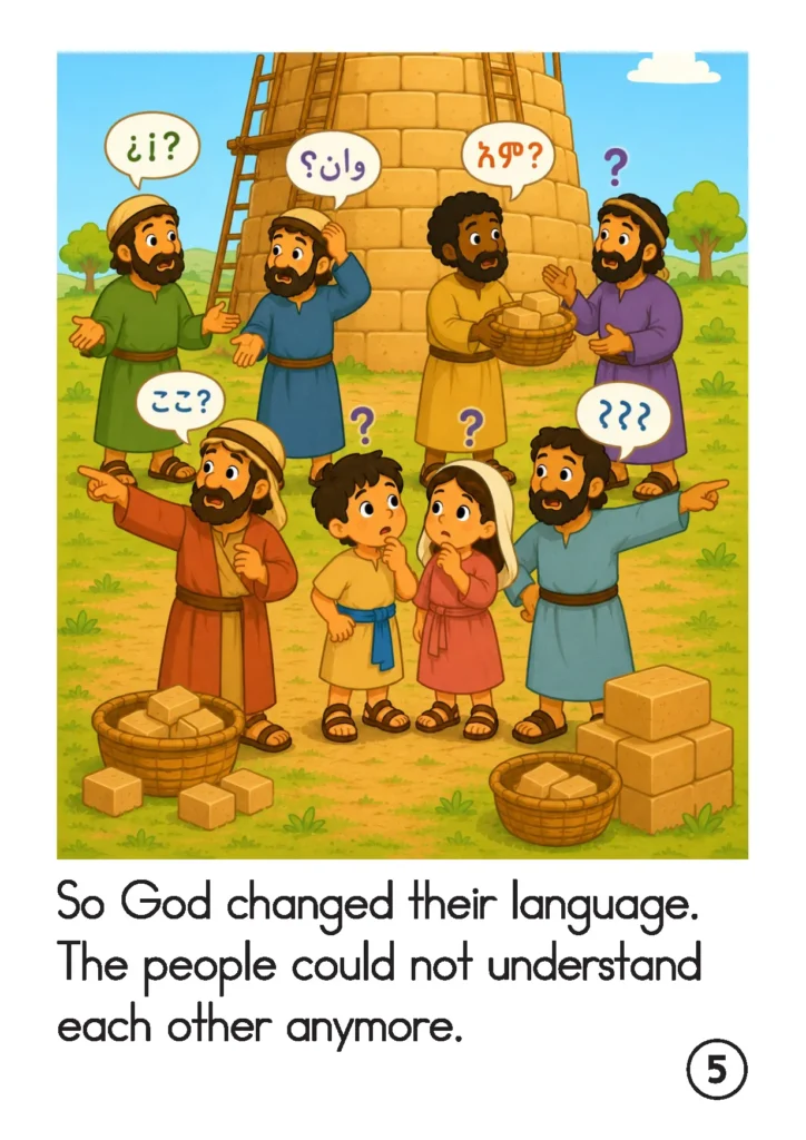 Tower of Babel preschool story page with people unable to understand one another after God changed their language
