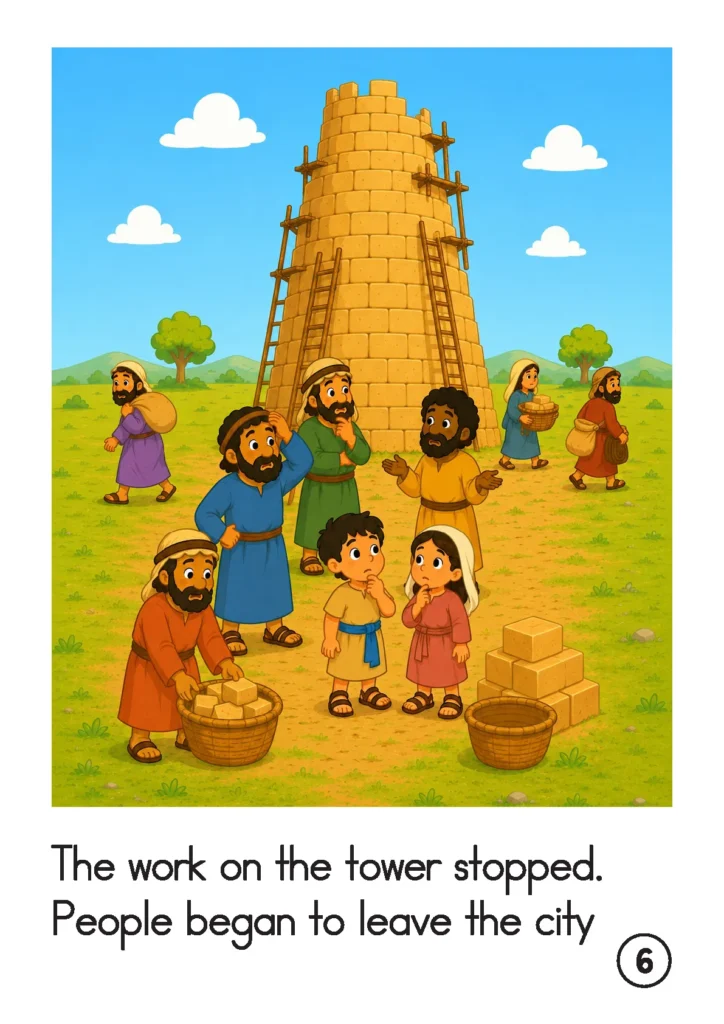 Tower of Babel preschool story page with people leaving the city after work on the tower stopped