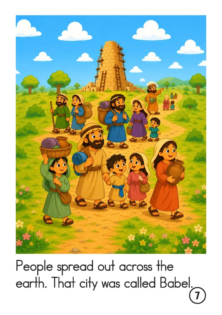Tower of Babel preschool story page with families spreading across the earth and the city of Babel in the distance