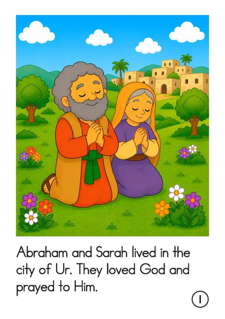 Preschool Bible story page showing Abraham and Sarah praying to God in the city of Ur with houses and flowers in the background.