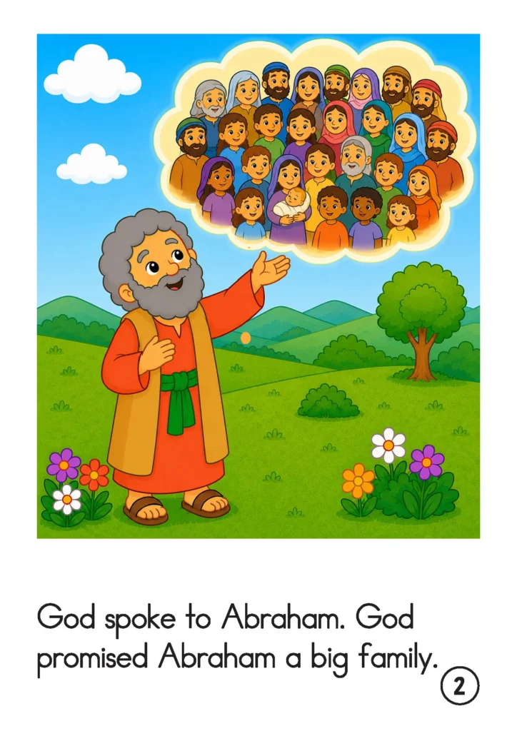 Preschool Bible story page showing God promising Abraham a large family represented by many smiling people inside a cloud.