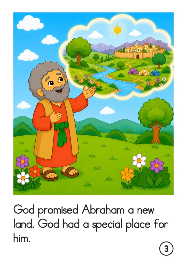 Preschool Bible story page showing Abraham looking toward the promised land with a river, trees, tents, mountains, and a city inside a cloud.
