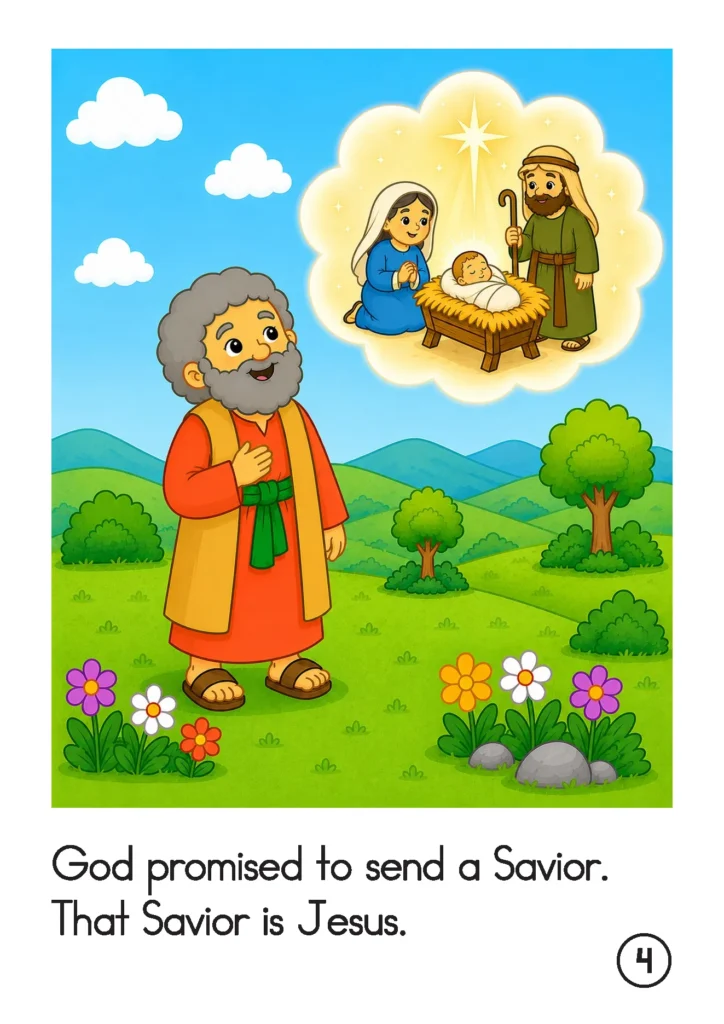 Preschool Bible story page showing Abraham looking at a picture of baby Jesus with Mary and Joseph inside a glowing cloud.