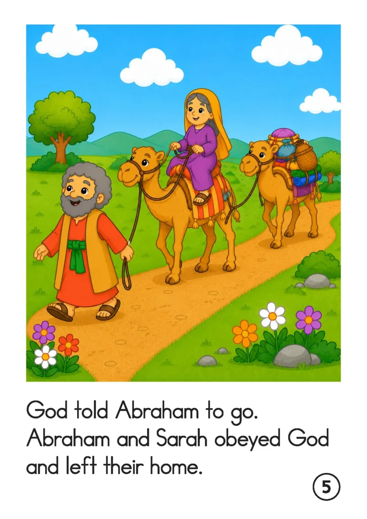 Preschool Bible story page showing Abraham leading two camels while Sarah rides as they travel to the land God promised them.