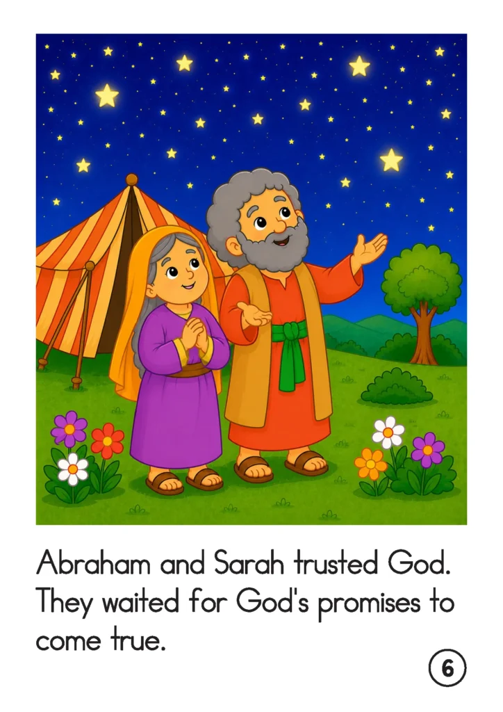 Preschool Bible story page showing Abraham and Sarah standing beside their tent at night and looking at the stars while waiting for God's promises.