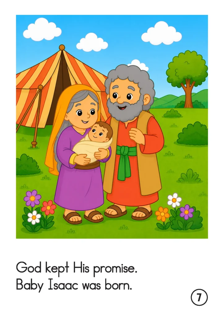 Preschool Bible story page showing Abraham and Sarah happily holding baby Isaac beside their tent after God kept His promise.