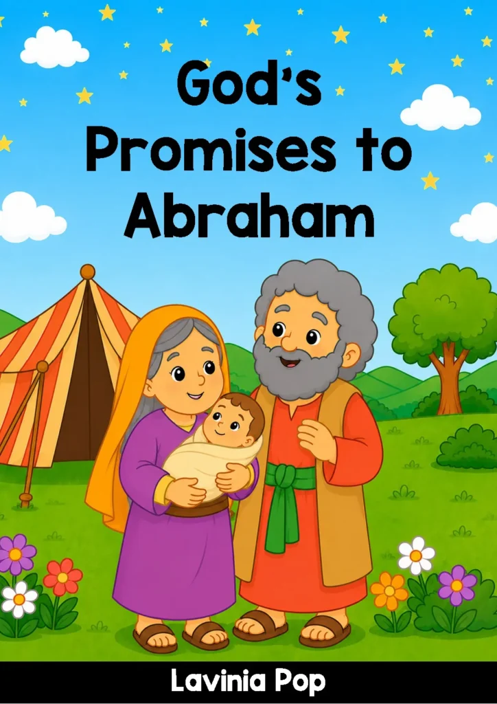 Preschool Bible Story Book Cover Preschool Bible story book cover featuring Abraham, Sarah, baby Isaac, stars, flowers, and a tent in the background.