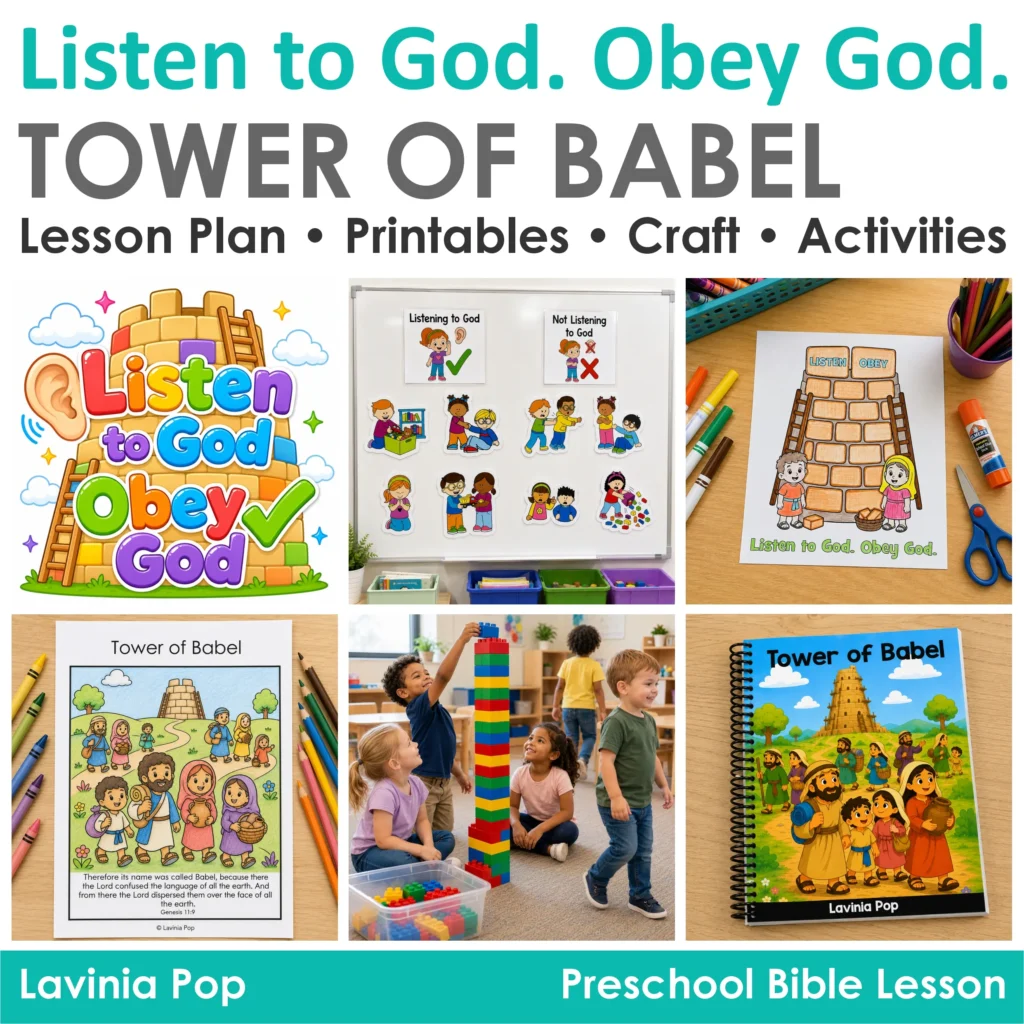 Tower of Babel preschool Bible lesson resources including booklets, crafts, sorting activities, and block building for preschool