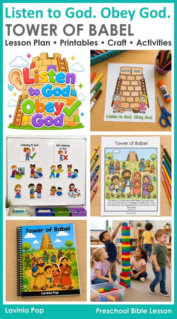 Tower of Babel preschool Bible lesson with crafts, booklet, sorting activities, and hands on building activities for preschool children