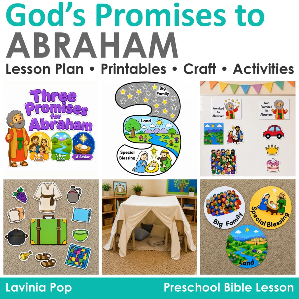 Preschool Bible lesson activities for God's promises to Abraham including crafts, sorting cards, retelling activities, and printable resources.
