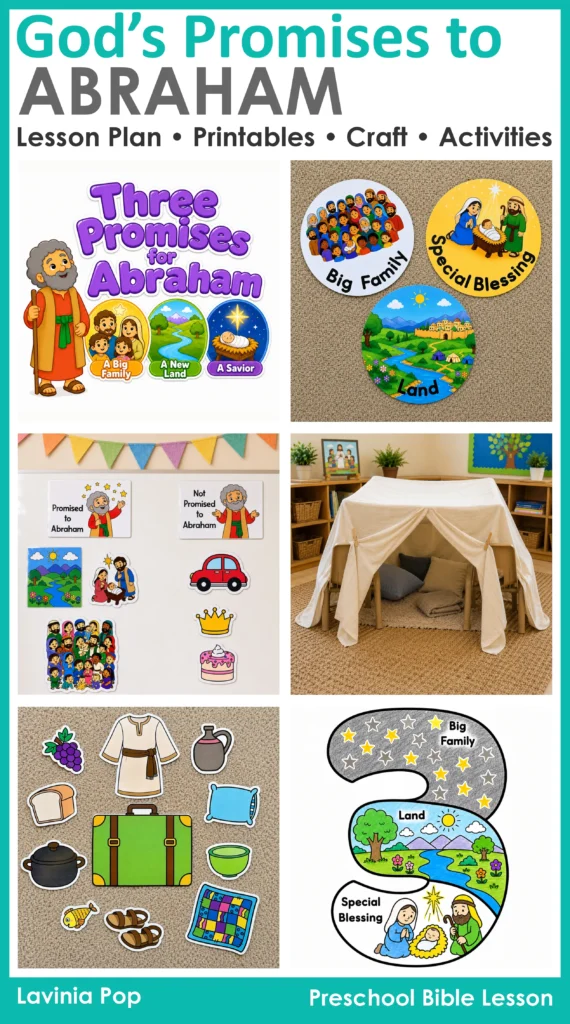 Printable preschool Bible lesson about God's promises to Abraham with crafts, sorting games, retelling props, and story resources.