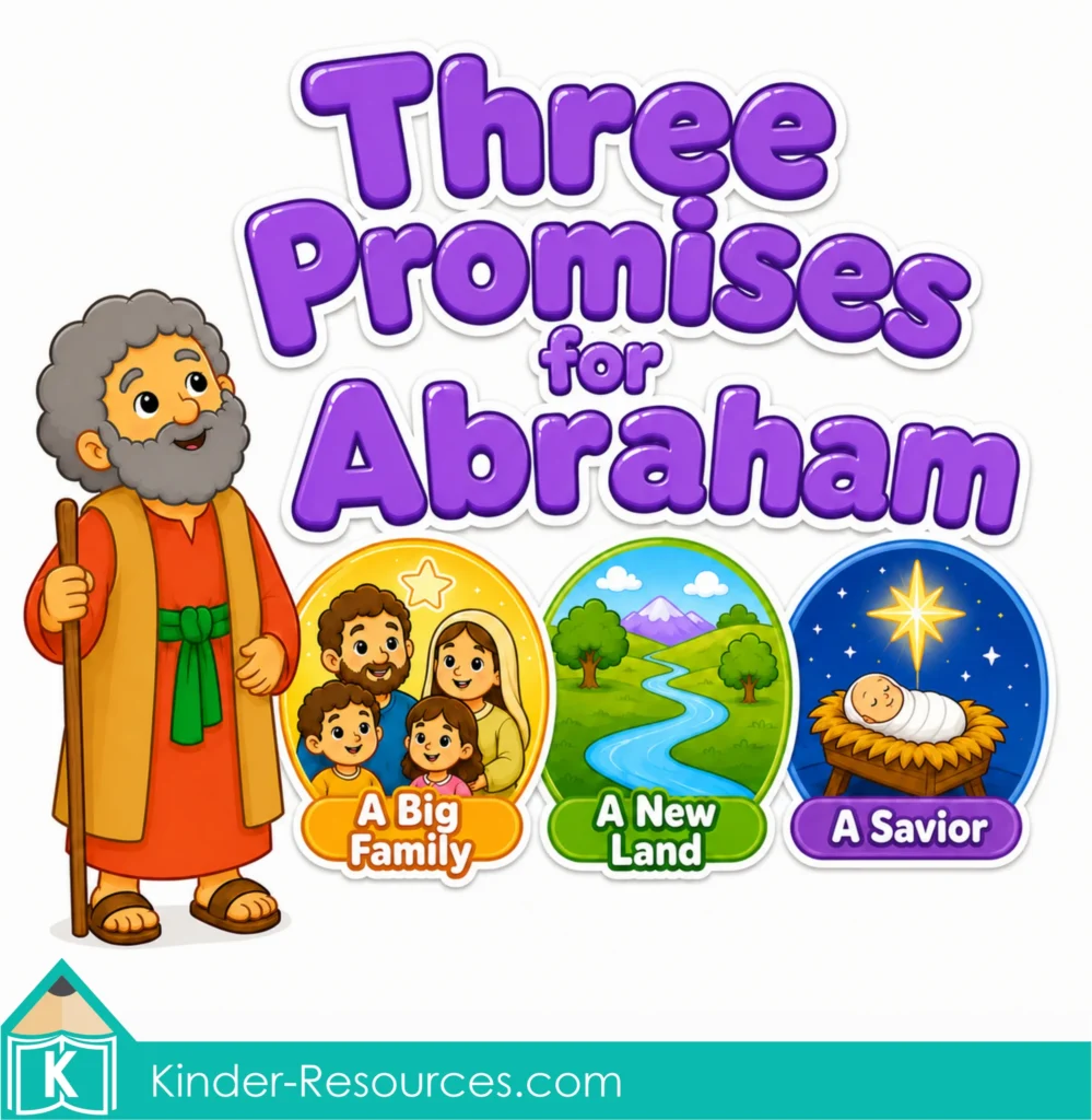 Colorful preschool Bible lesson logo featuring Abraham and pictures representing a big family, a new land, and a Savior.