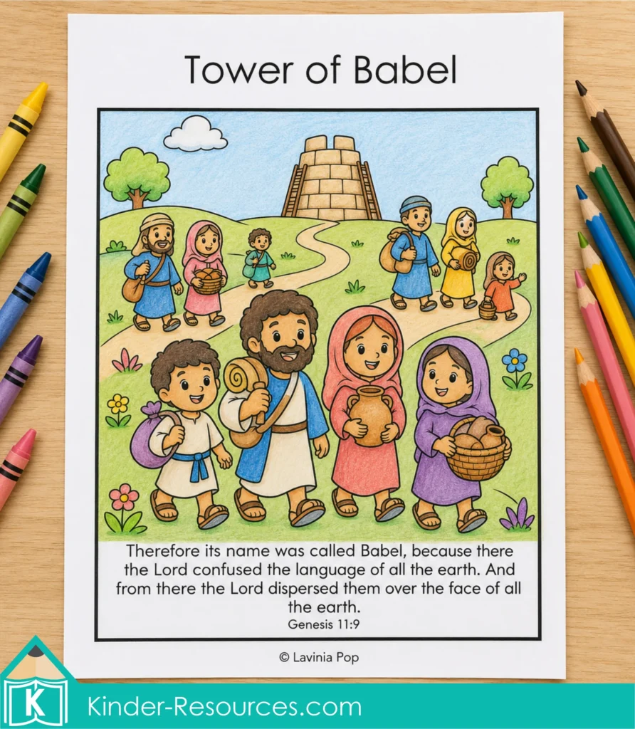 Tower of Babel Bible verse coloring page with families leaving Babel and Genesis 11:9